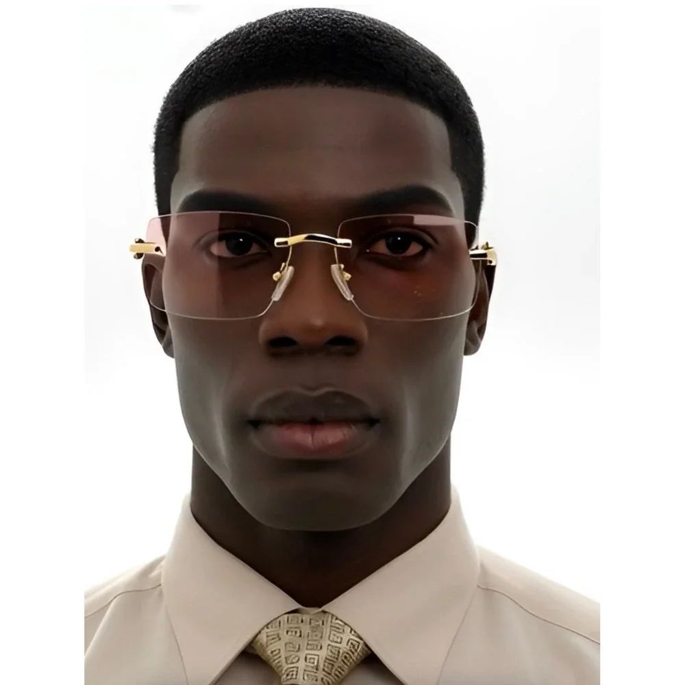 Mens Rimless Rectangular Sunglasses Hip Hop Pink Gradient Lens Marble Temple New